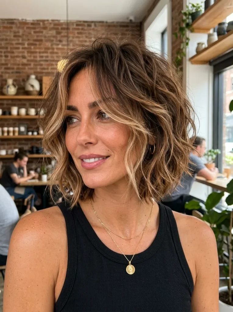 Woman with a voluminous, choppy brown bob featuring blonde face-framing highlights.