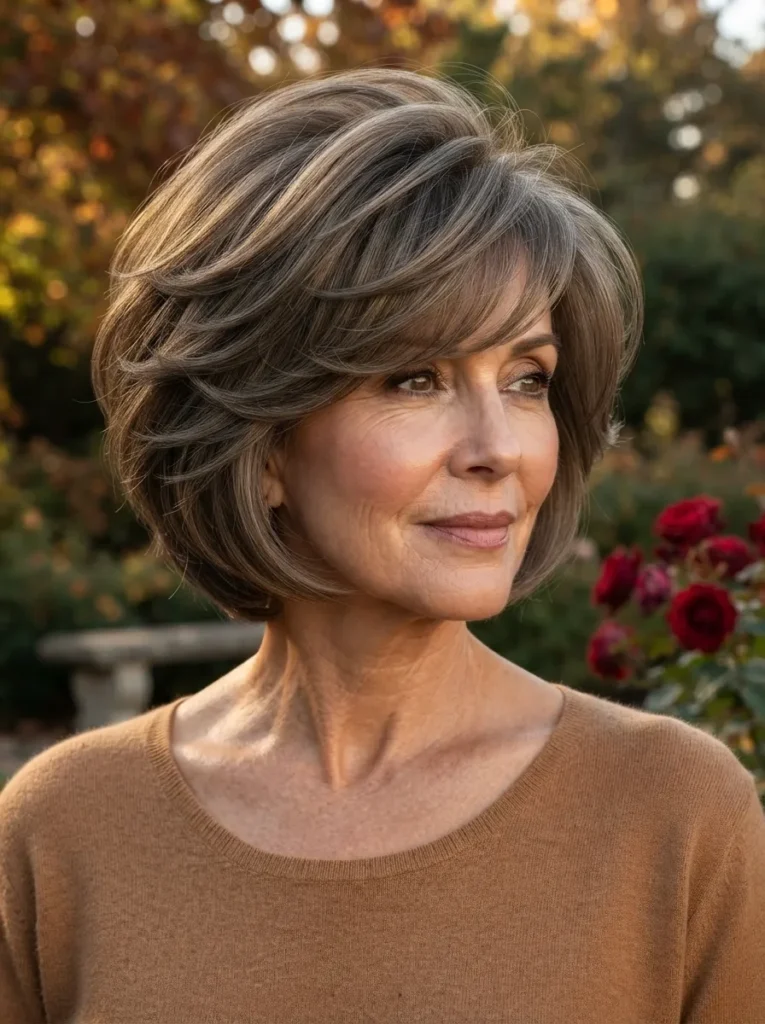 Smiling mature woman with a voluminous layered ash brown bob haircut in a garden setting