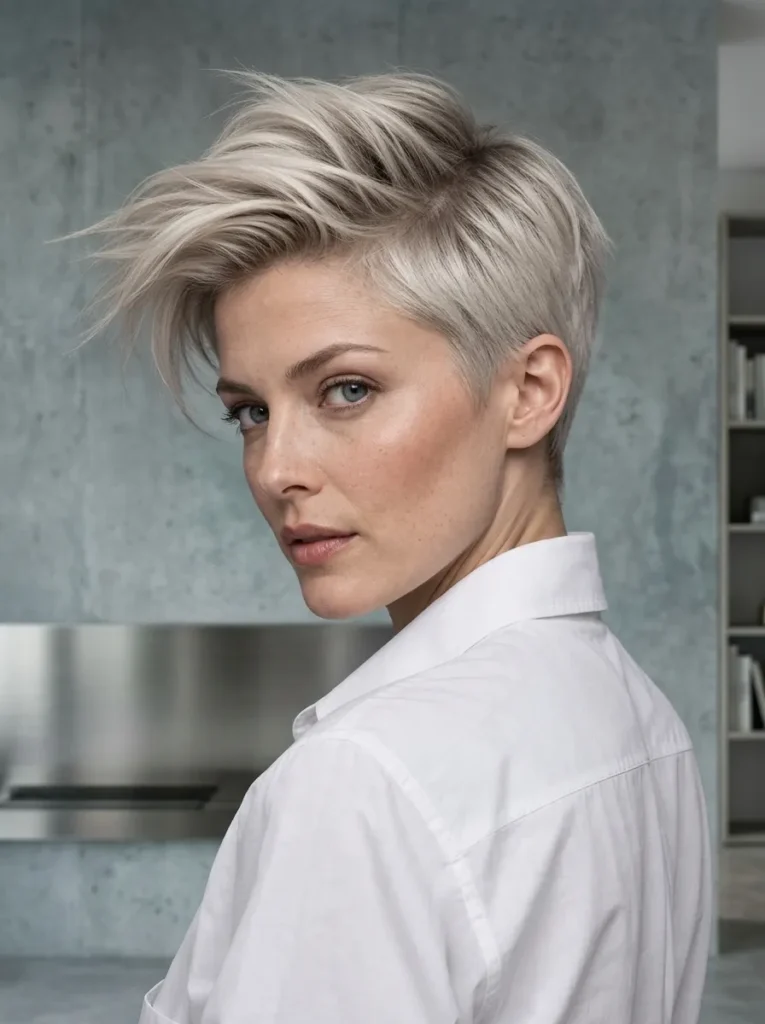 Woman with a voluminous, side-swept platinum blonde pixie haircut looking over her shoulder while wearing a white button-up shirt.
