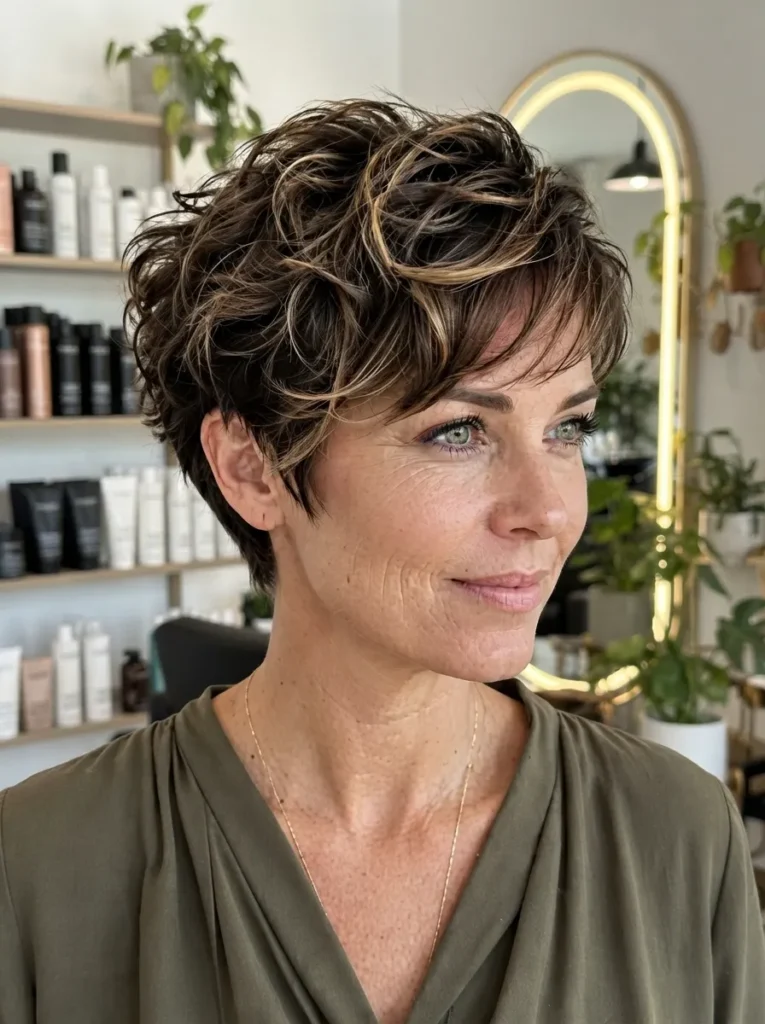 Woman looking side profile showing a textured pixie cut with long voluminous wavy layers and subtle highlights