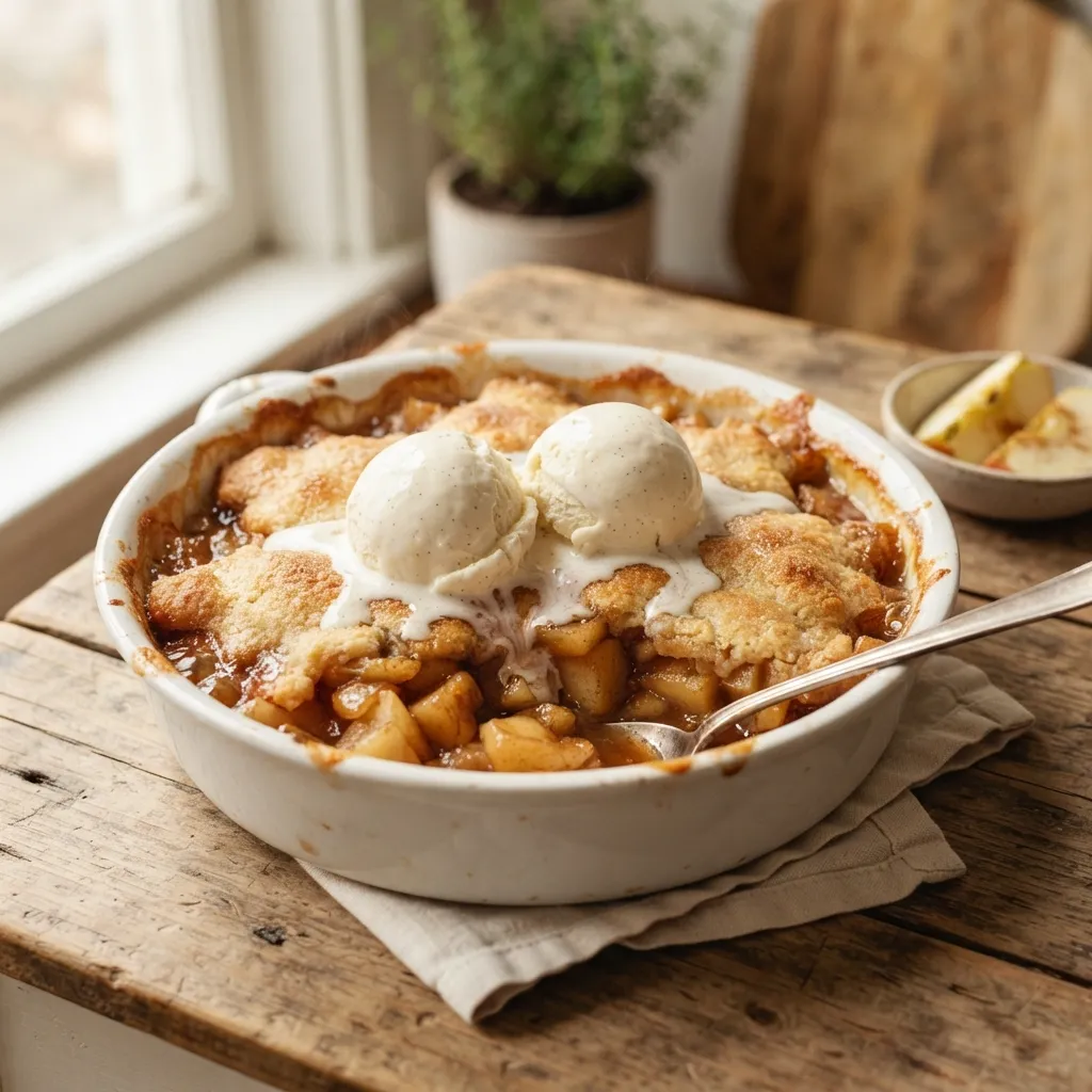 Warm baked apple cobbler in a round ceramic dish, topped with melting vanilla ice cream.