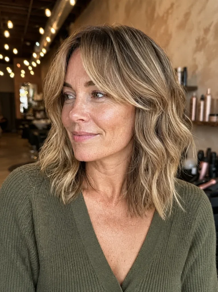 Woman showcasing a wavy blonde lob with curtain bangs in a salon wearing a green top.