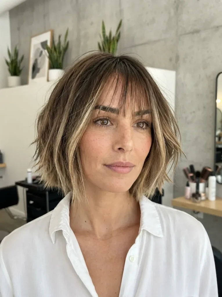 Close-up of a woman with a wavy brown bob, face-framing blonde highlights, and subtle bangs, wearing a white button-down shirt.