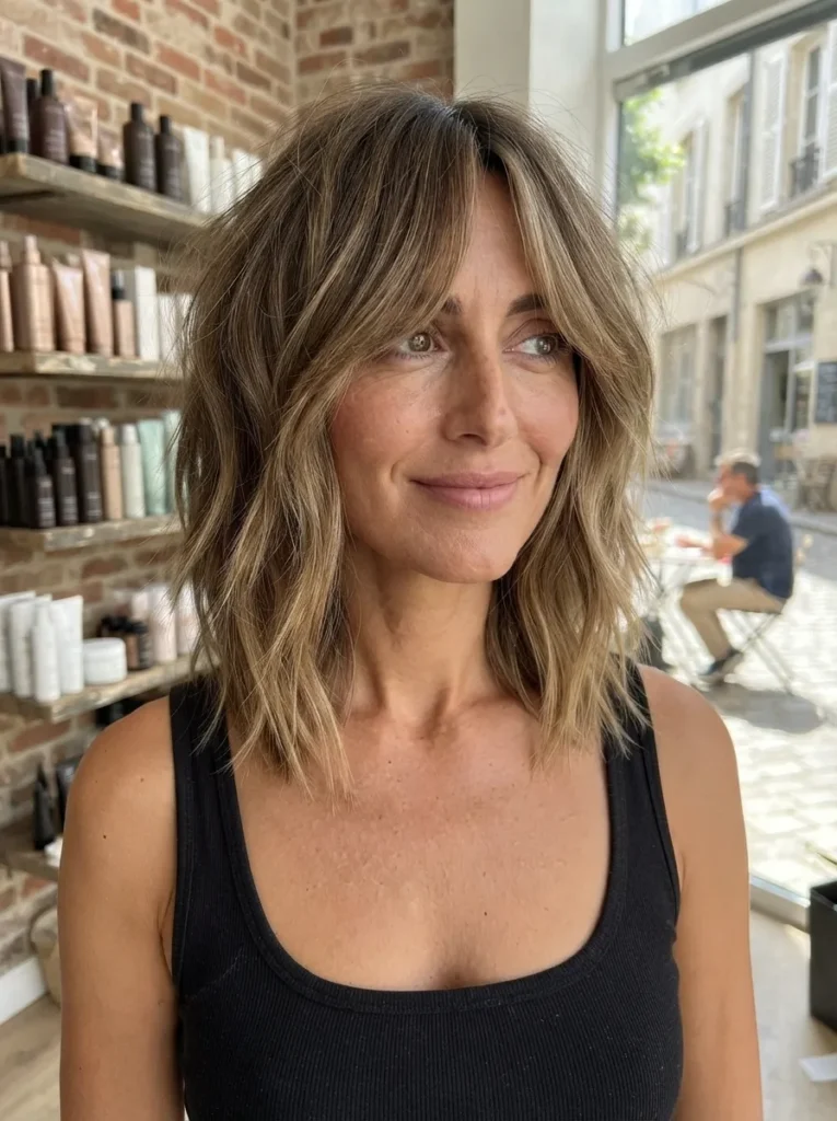 Woman with a wavy brown lob and curtain bangs wearing a black tank top in an urban setting.