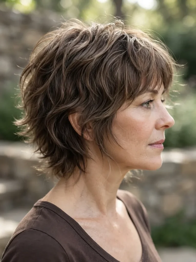 Outdoor profile view of a woman with a wavy brown short shag haircut and brown top
