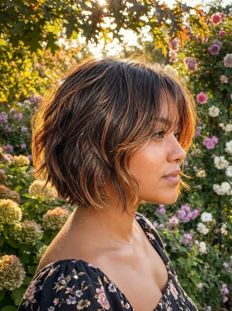 Side profile of a woman with a sunlit layered brunette bob haircut with golden highlights posing in a garden.