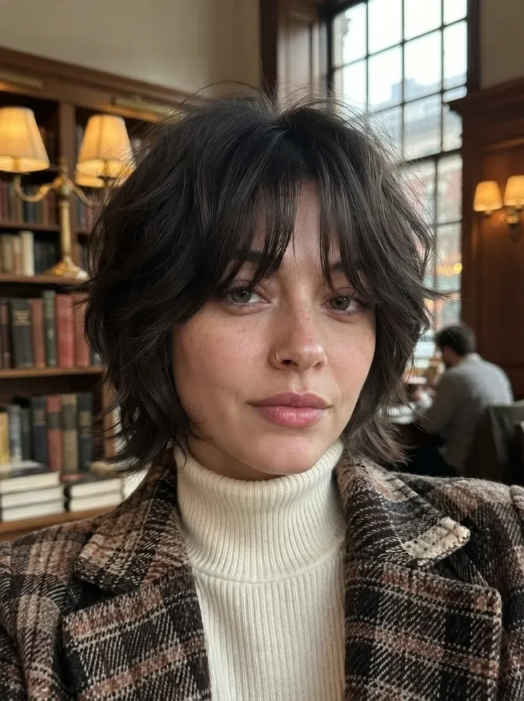 Woman with a wavy brunette shag bob haircut and white turtleneck in front of a library background