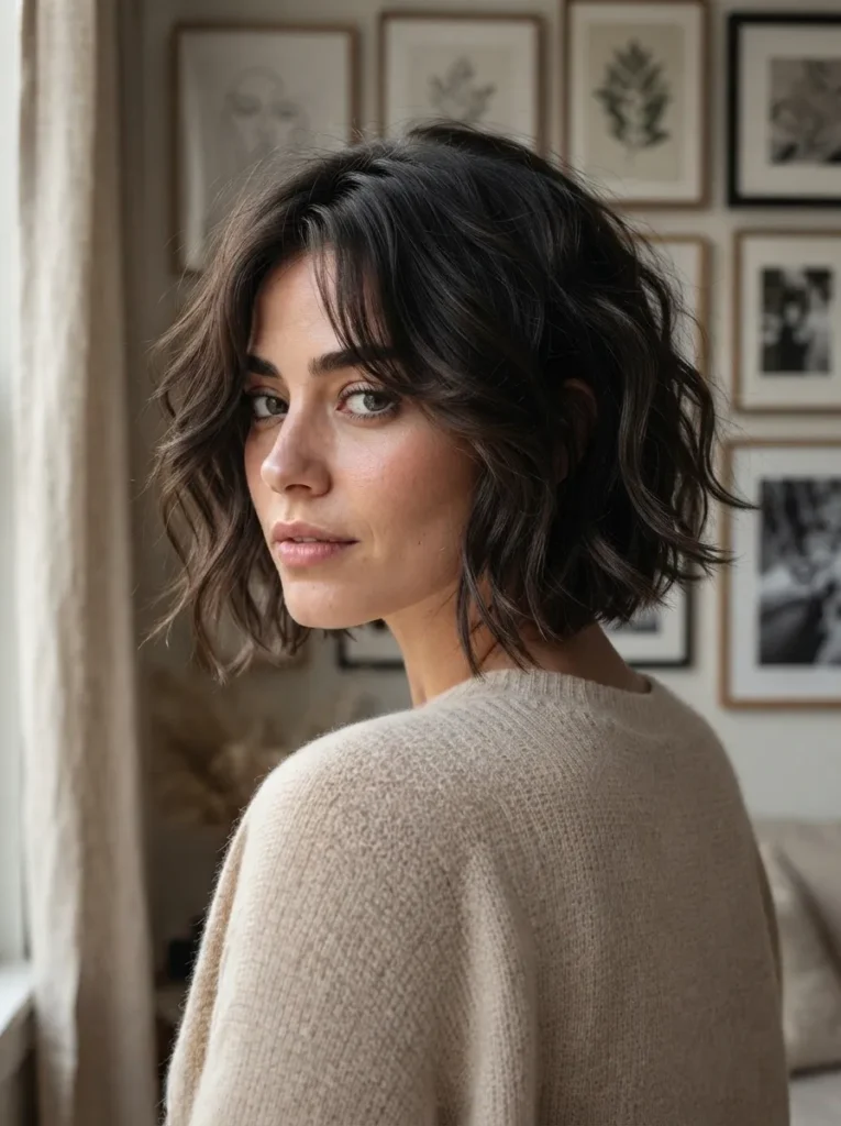 Woman over her shoulder looking back with a soft textured dark brown bob haircut and curtain bangs in a brightly lit room.