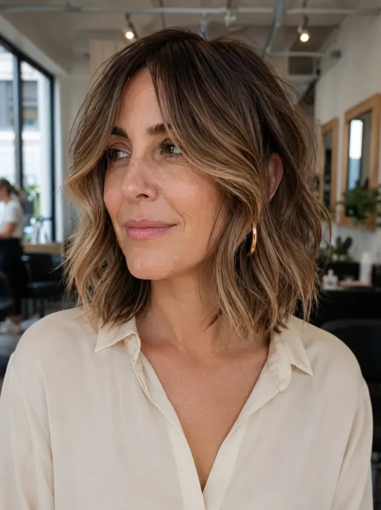 Wavy textured bob haircut with honey brown highlights and a cream shirt