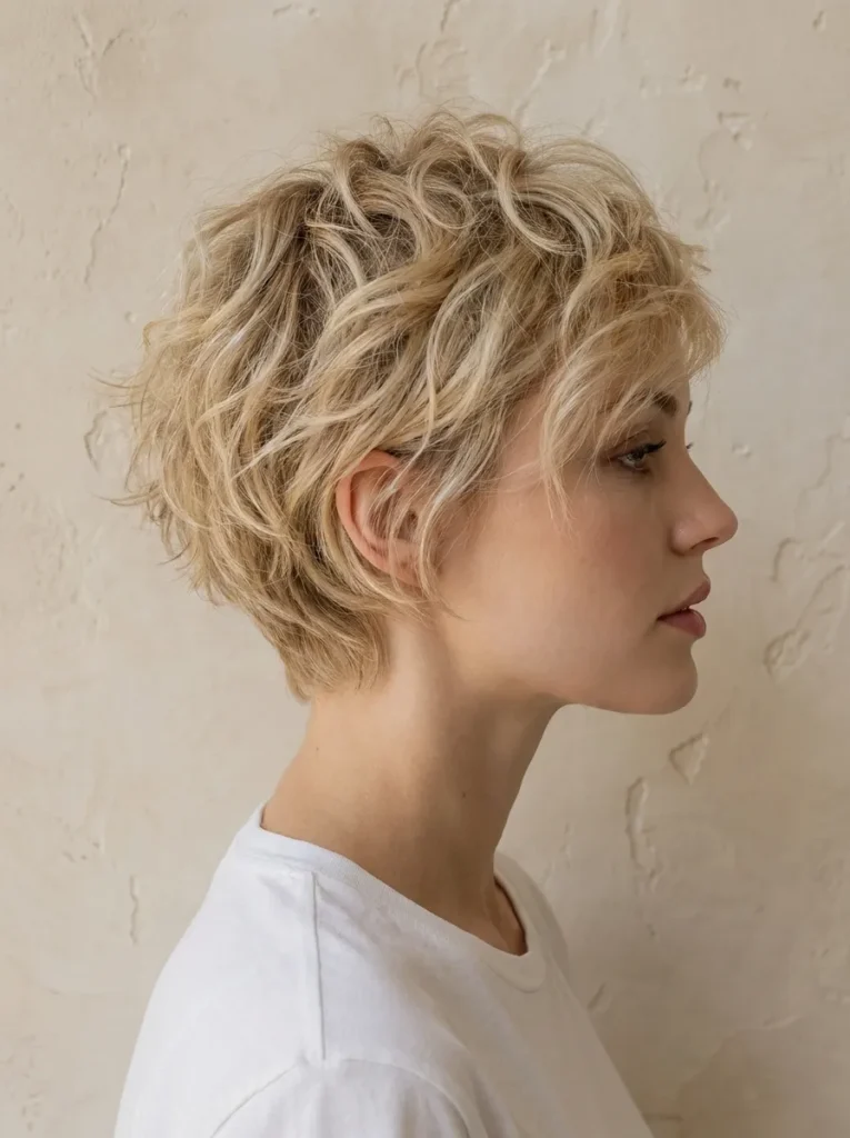Profile view of a woman with a tousled, wavy golden blonde pixie cut, wearing a white t-shirt.