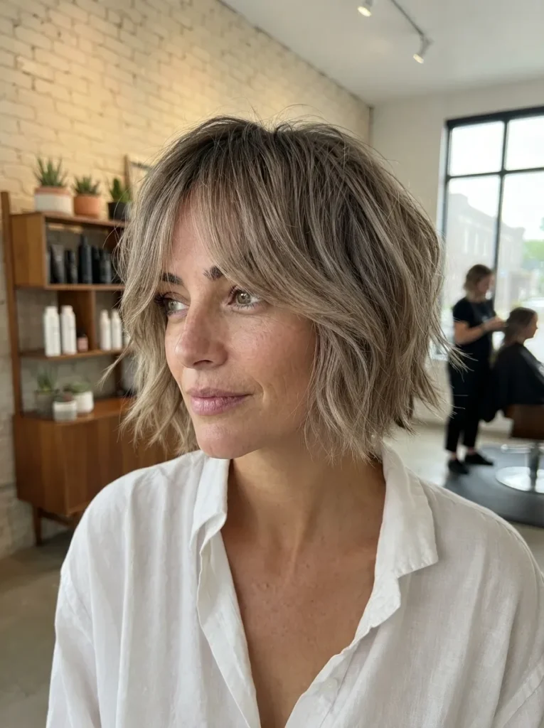 Woman with ash-blonde shaggy bob haircut and textured layers wearing a white shirt.