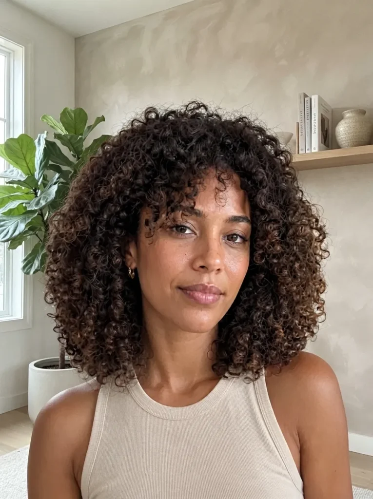 Portrait of a woman with voluminous chocolate brown curly hair wearing a beige ribbed top, with a plant and bookshelf in the background