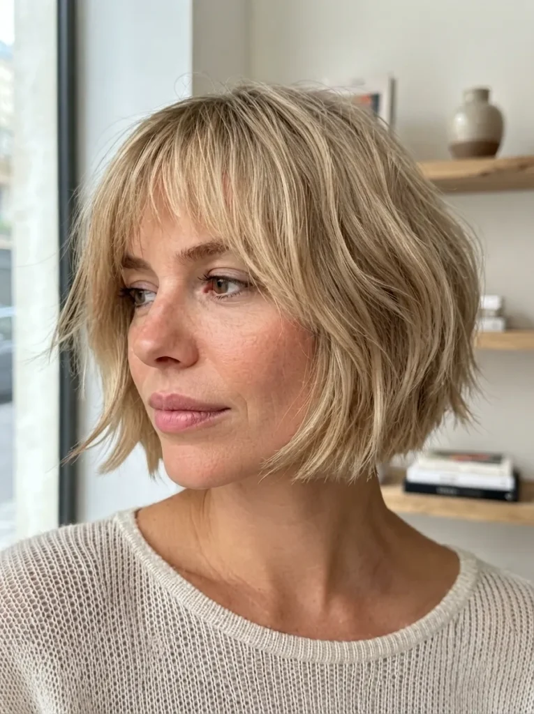 Woman with blonde French bob haircut, wispy bangs, and textured waves.