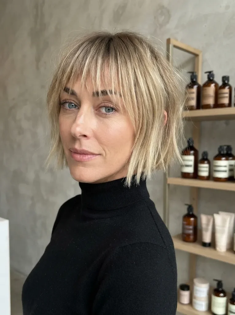 Woman with short blonde textured bob haircut and face-framing bangs wearing a black turtleneck.