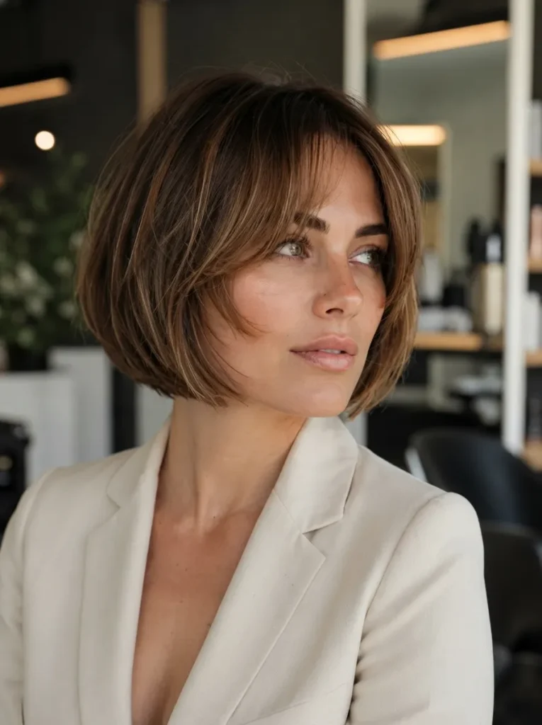 Woman with brown bob haircut and face-framing layers wearing a cream blazer.
