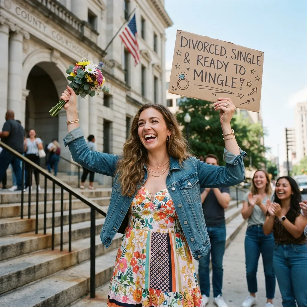 A smiling woman holding a bouquet of flowers in one hand and a cardboard sign reading "Divorced, Single & Ready to Mingle!" in the other, standing outside a county courthouse while people applaud.