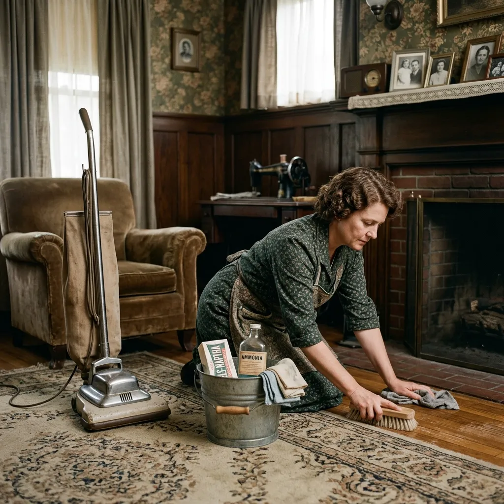 A woman in a vintage home kneeling on a living room rug next to a vacuum cleaner and cleaning supplies, scrubbing the wooden floor near a brick fireplace.