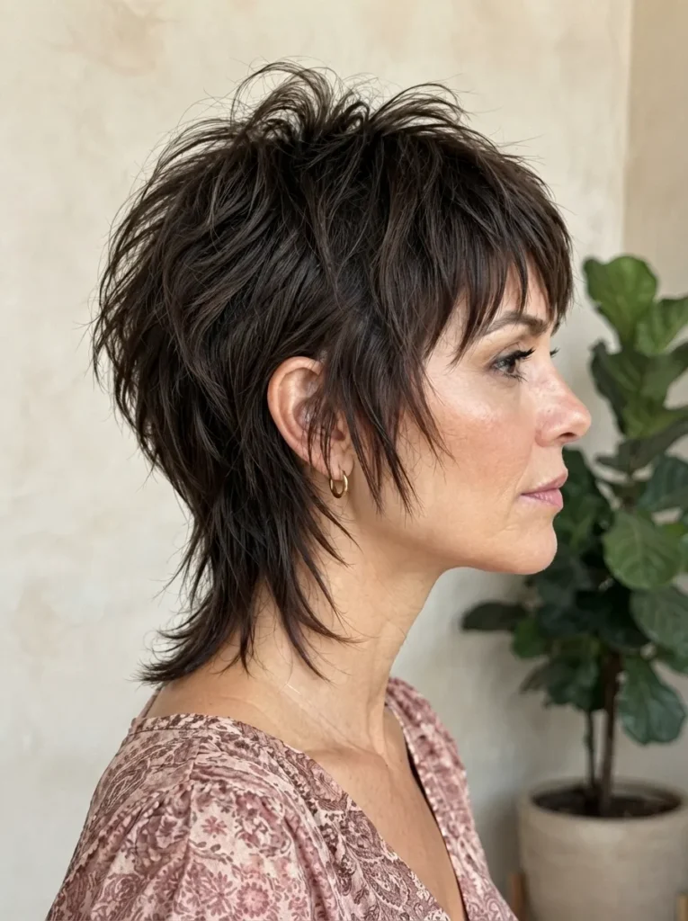 Profile view of a woman with a dark brown pixie shag haircut and patterned top