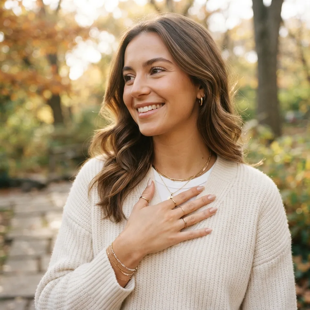 Outdoor portrait of a woman in a cream-knit sweater with her hand resting on her chest.