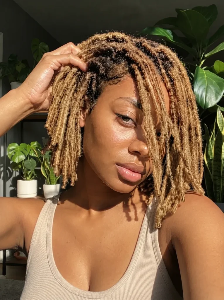 Portrait of a woman with honey blonde locs touching her hair, framed by houseplants in a sunlit room