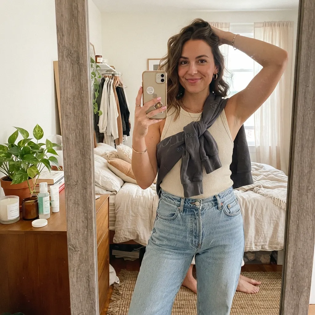 A woman taking a casual mirror selfie in her bedroom with a cozy bed and plants in the background.