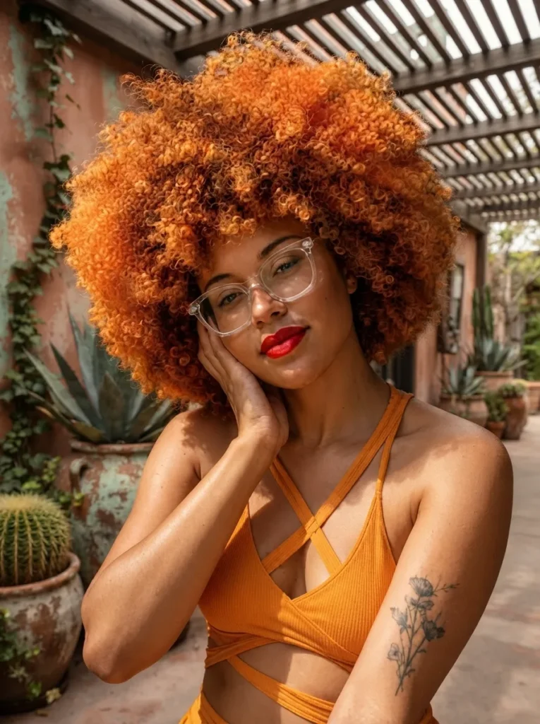 A woman with a large voluminous orange afro hairstyle, clear-framed glasses, and vibrant red lipstick posing outdoors