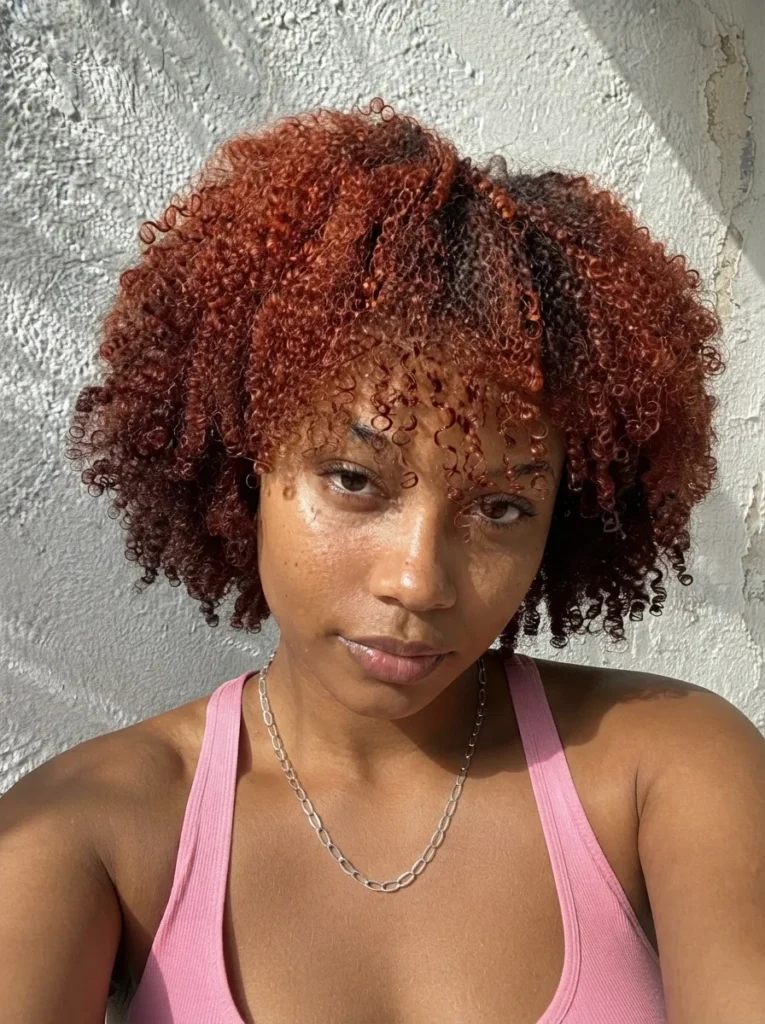 Close-up selfie of a woman with short, vibrant red curly hair wearing a pink tank top and a silver chain necklace