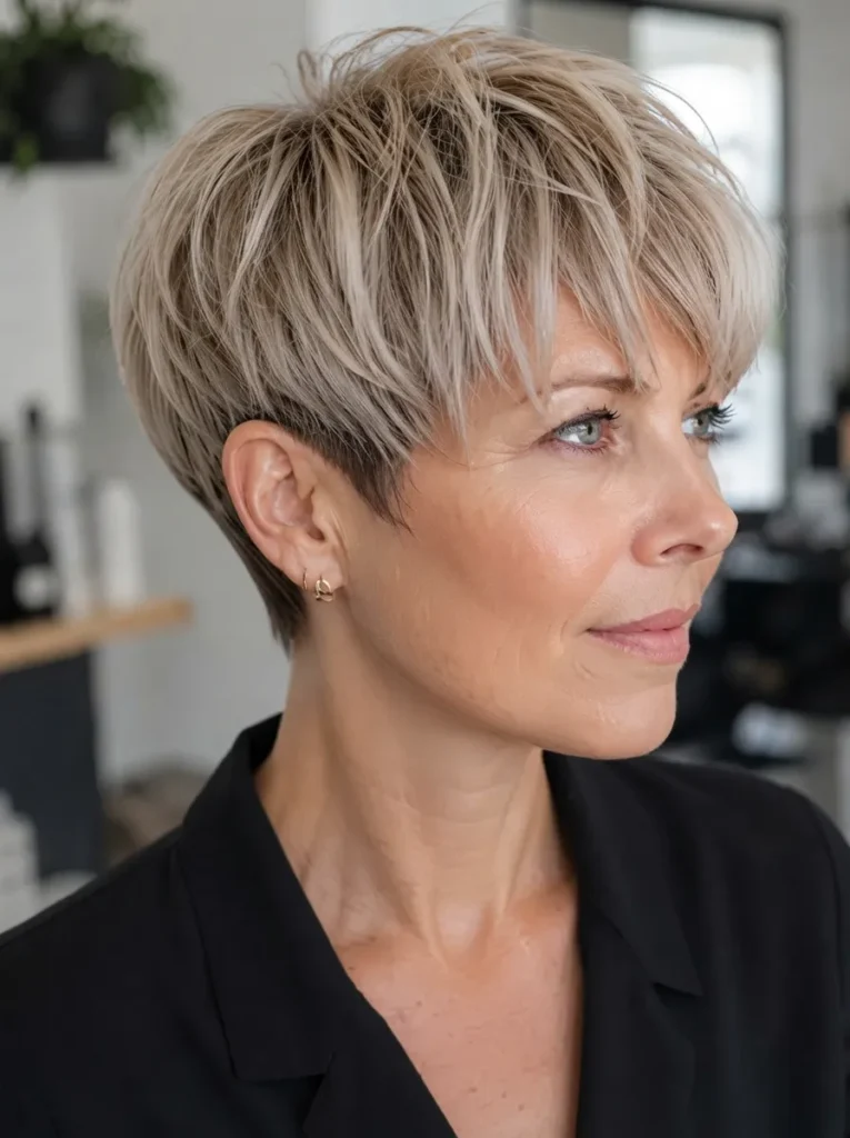 Woman with short ash-blonde pixie haircut and textured layers wearing a black collar.