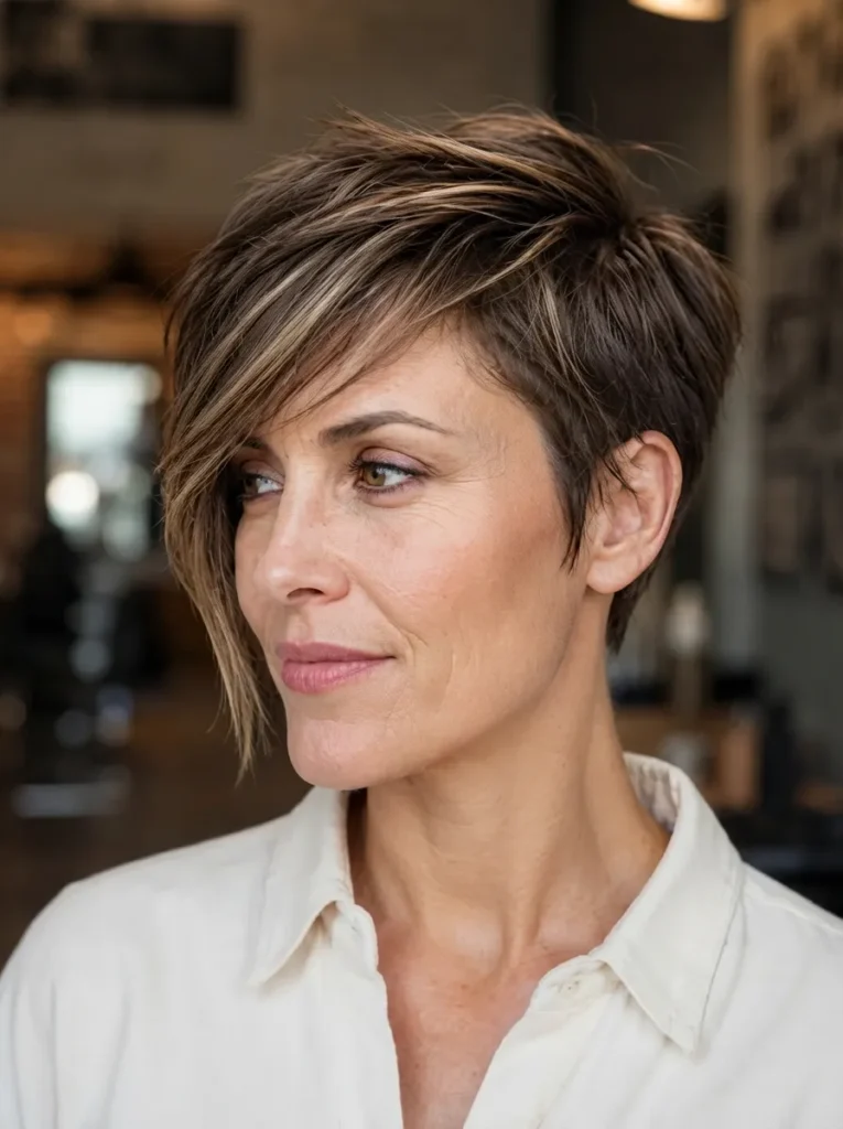 Woman with short asymmetrical pixie cut and highlights wearing a white shirt.