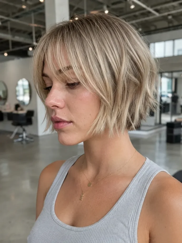 Woman with short blonde layered bob and curtain bangs wearing a grey tank top.