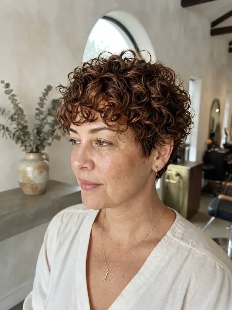 Woman with short brown curly hair and a textured crop wearing a white top