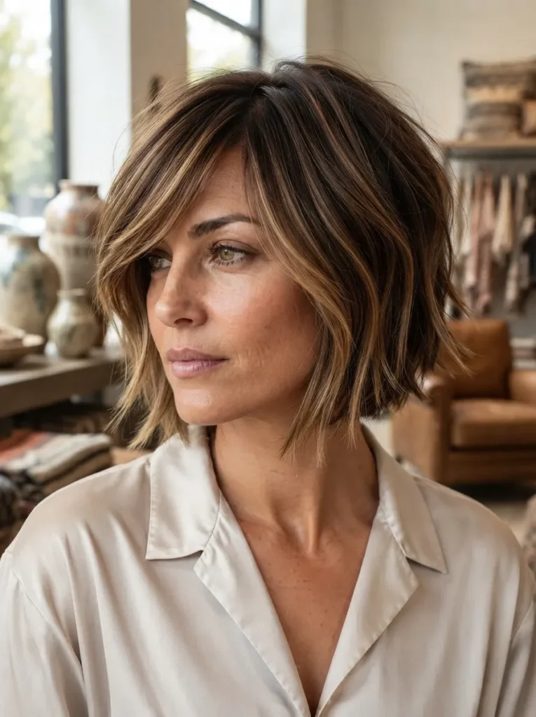 Woman with short choppy brown bob haircut and side-swept bangs wearing a light shirt.