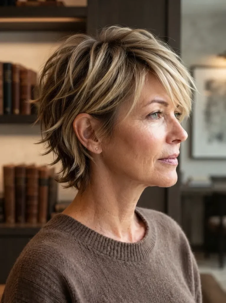 Woman with short layered blonde highlighted shag haircut wearing a brown sweater.