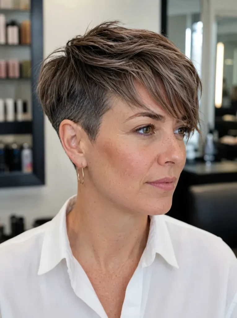 Woman with short pixie undercut haircut and side-swept bangs wearing a white shirt.