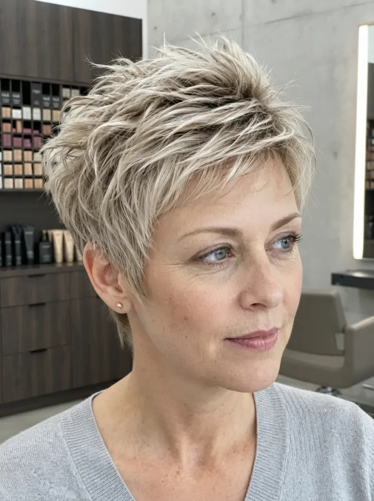 Woman with short spiky pixie haircut and blonde highlights wearing a grey sweater.