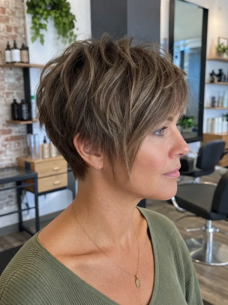 Woman with short textured pixie bob and side-swept layers wearing a green top.