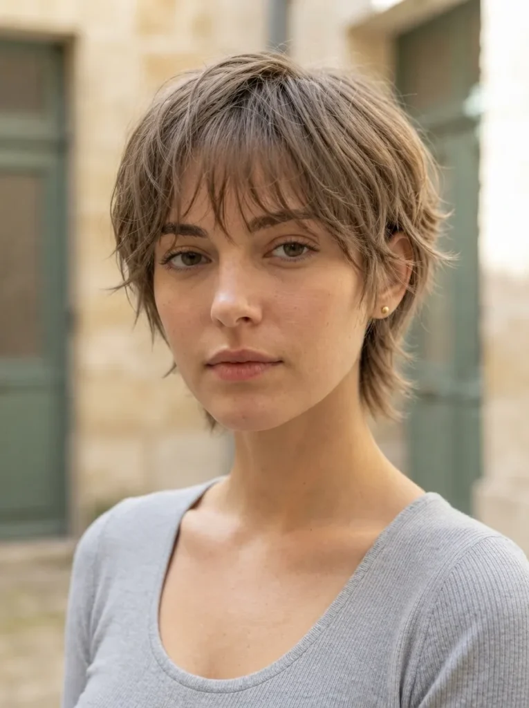 Front view of a woman with a short textured shag haircut and bangs wearing a grey top