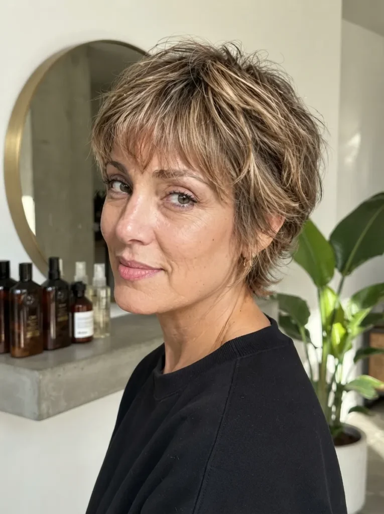 Woman with short textured shag haircut and highlights wearing a black top.