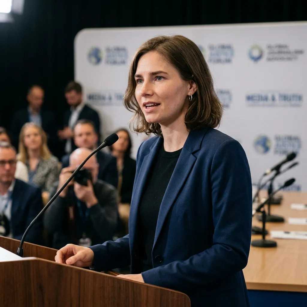 A woman speaking into a microphone at a wooden podium during a press conference or forum.