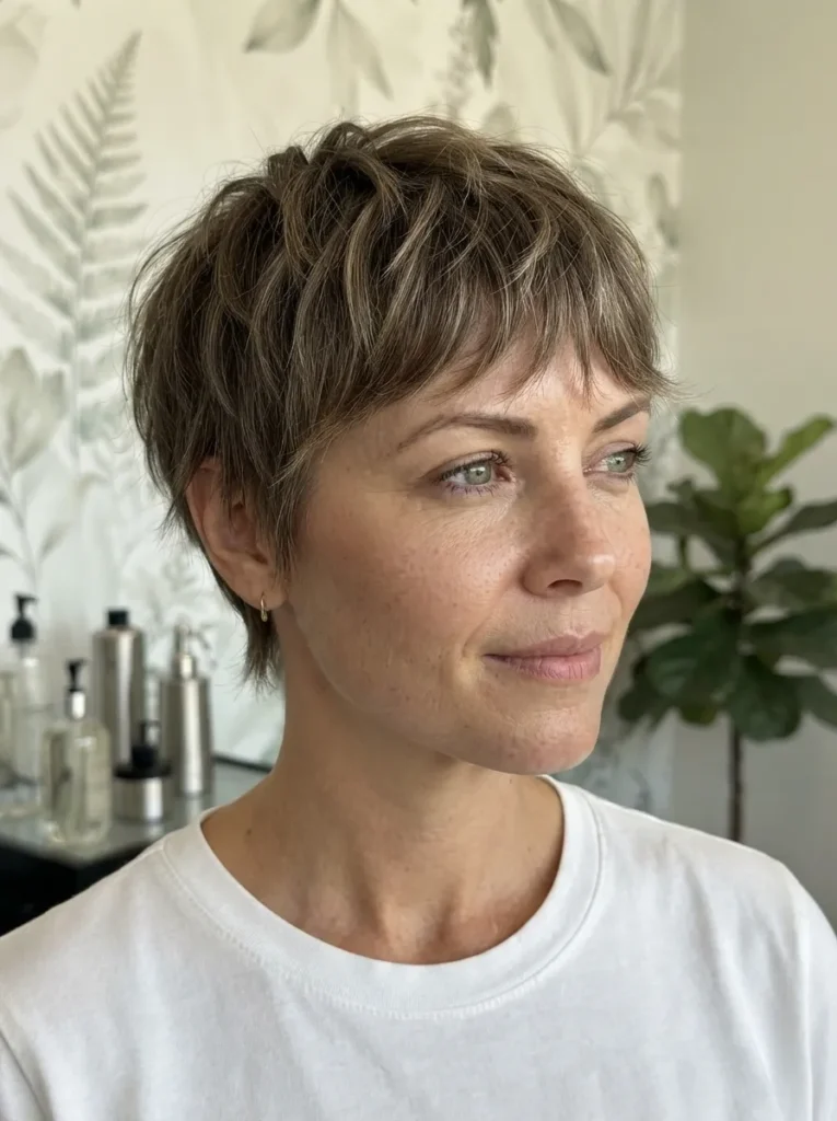 Woman with short textured pixie crop and short bangs wearing a white shirt.