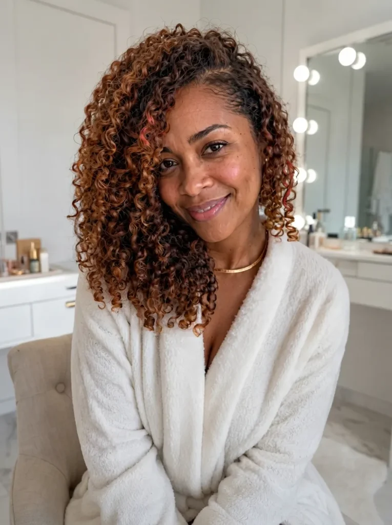 A smiling woman with shoulder-length curly brown hair wearing a white bathrobe indoors