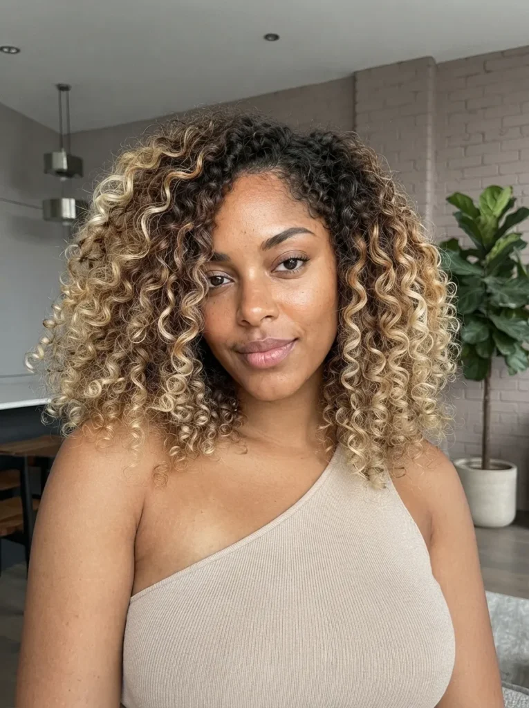 Portrait of a Black woman with shoulder-length highlighted curly brown and blonde hair wearing a beige one-shoulder top.