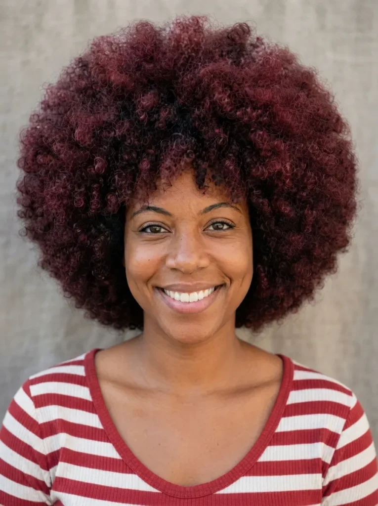 Portrait of a smiling Black woman with a large burgundy curly afro hairstyle wearing a red and white striped top.