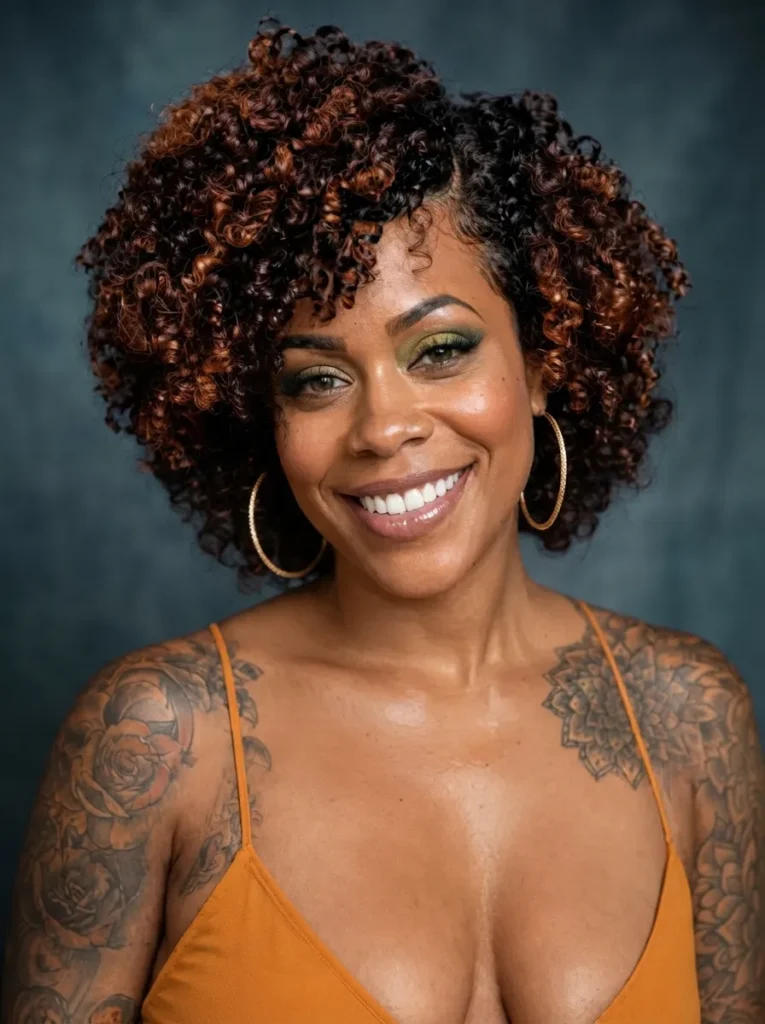 Portrait of a smiling tattooed Black woman with a volumized curly afro featuring copper highlights, wearing a mustard yellow top and hoop earrings.