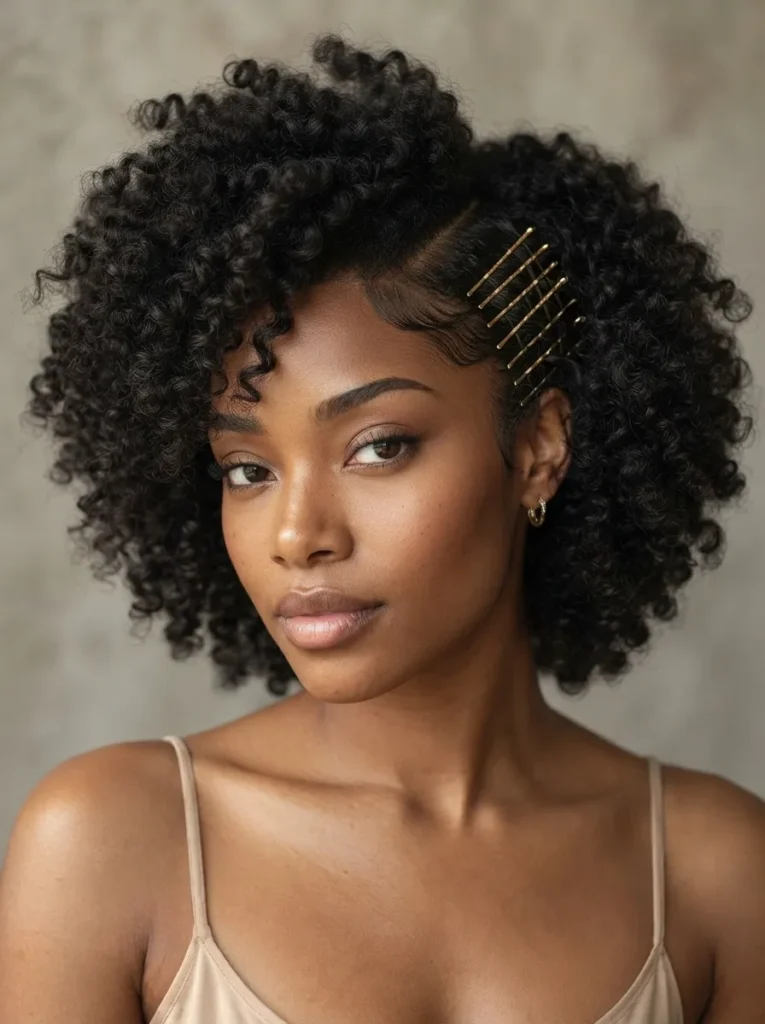A Black woman with a curly afro hairstyle styled with a row of decorative gold bobby pins pinned on the side.