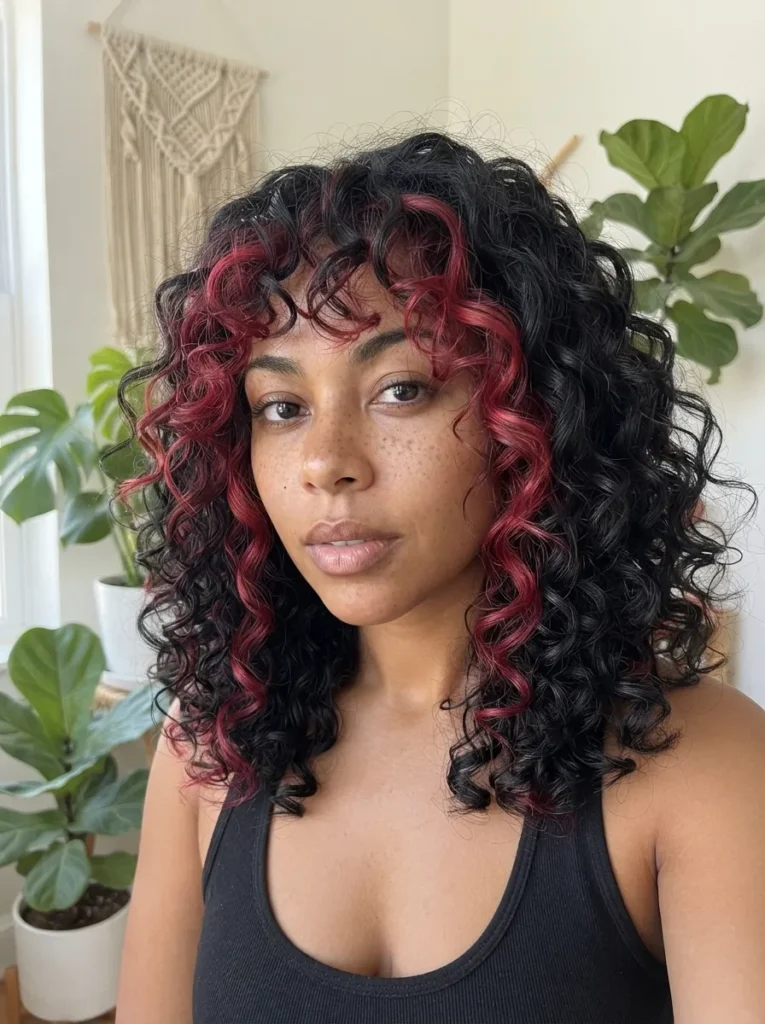 Portrait of a Black woman with freckles and dark curly hair featuring bright red highlights and bangs, wearing a black top.
