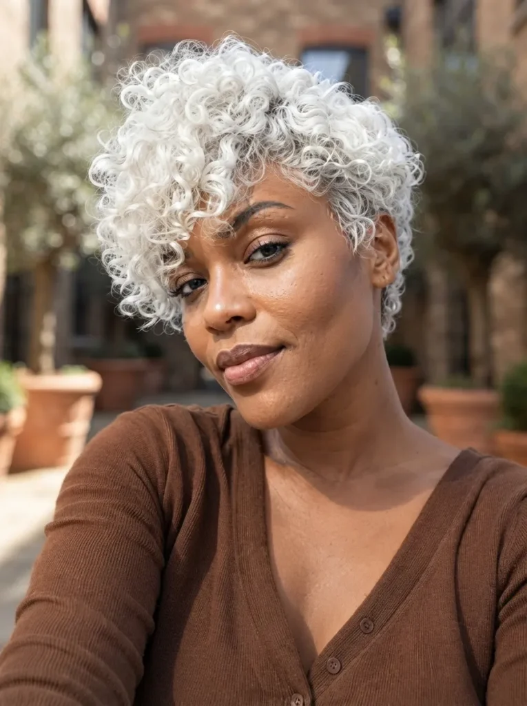 Portrait of a Black woman with short, curly platinum blonde hair wearing a brown long-sleeve top outdoors.