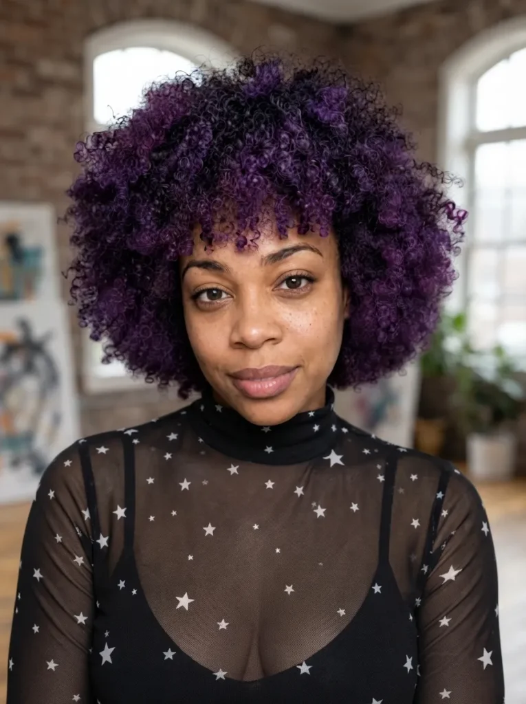 Portrait of a Black woman with a vibrant purple curly afro hairstyle wearing a sheer black top with white stars.