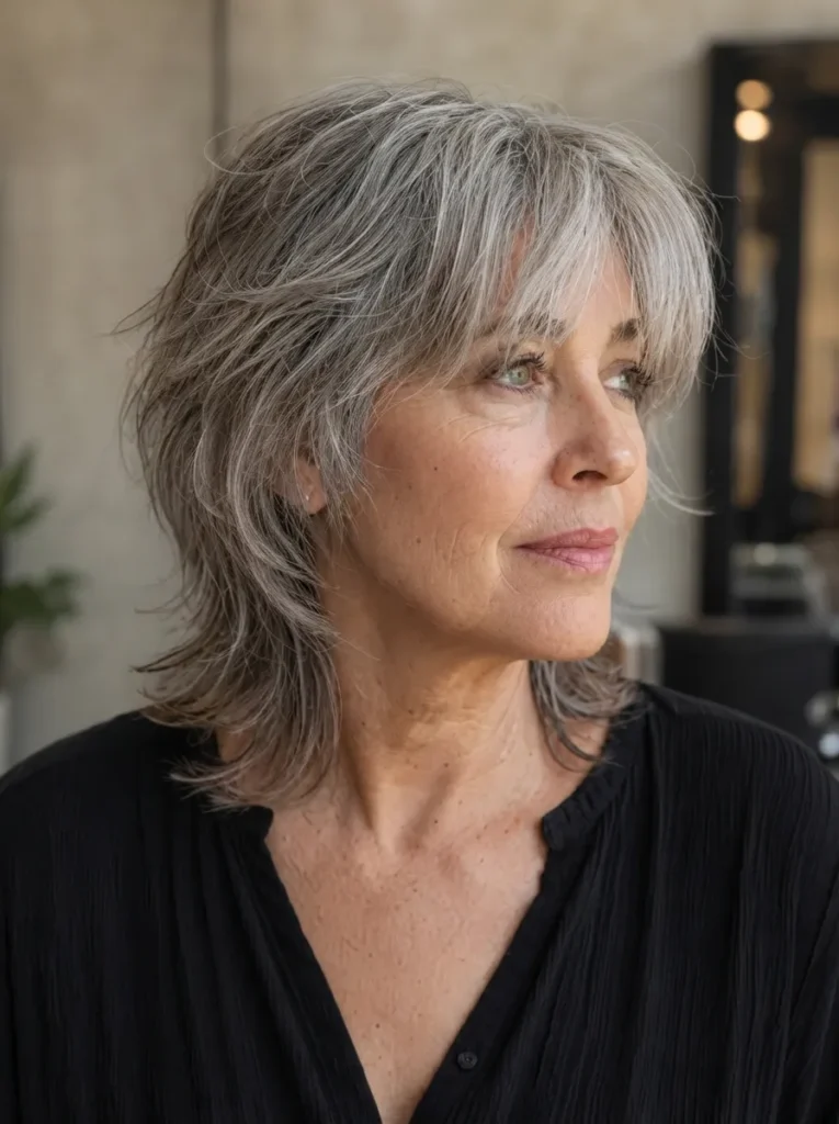 A profile-turned portrait of a mature woman with a shaggy, layered medium-length silver hairstyle and soft bangs, wearing a black button-down shirt.
