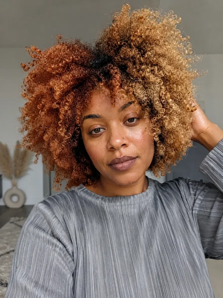 Portrait of a Black woman touching her voluminous two-tone curly afro with copper and blonde sections, wearing a grey textured top.